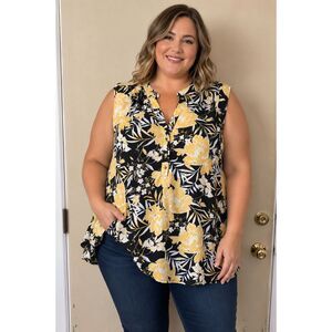 "Per Seption Woman" Plus Size Blouse ~ Yellow Black Floral Polyester Spandex  2x
